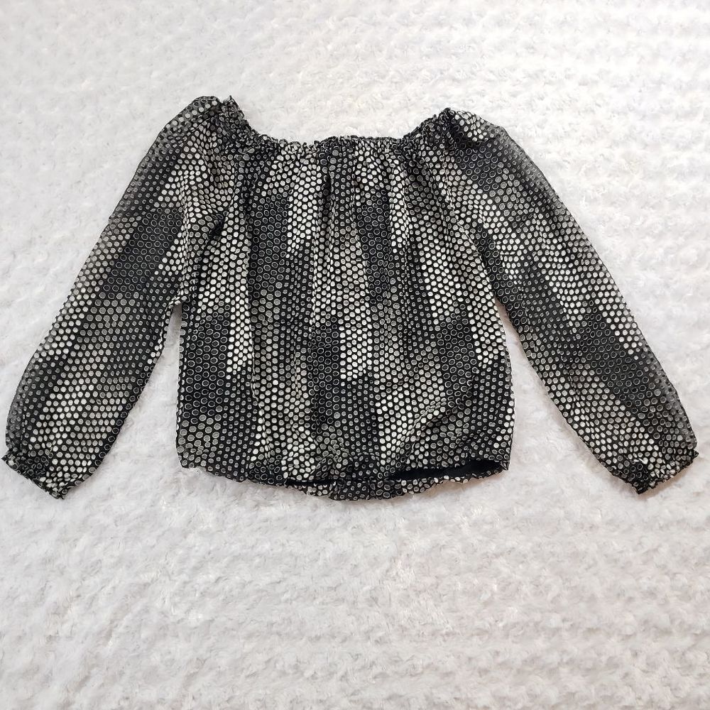 White House Black Market off the shoulder grey polka dot blouse with elastic wai